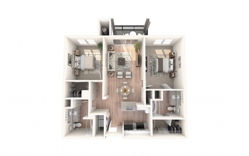 B1 1070 - 2 bedroom floorplan layout with 2 baths and 1070 square feet.
