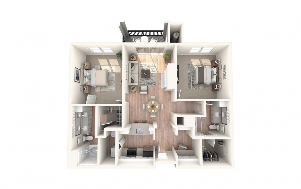 B1 1184 - 2 bedroom floorplan layout with 2 baths and 1184 square feet.