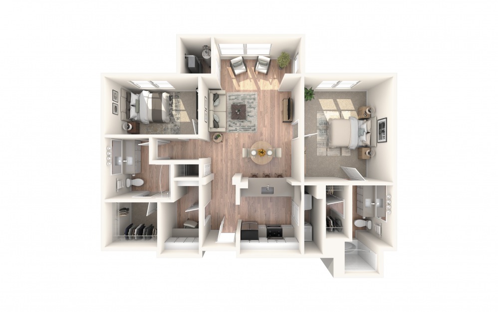 B1 1274 - 2 bedroom floorplan layout with 2 baths and 1274 square feet.