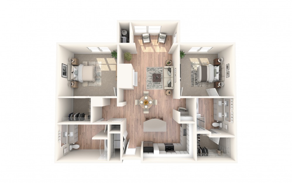 B1 1360 - 2 bedroom floorplan layout with 2 baths and 1360 square feet.