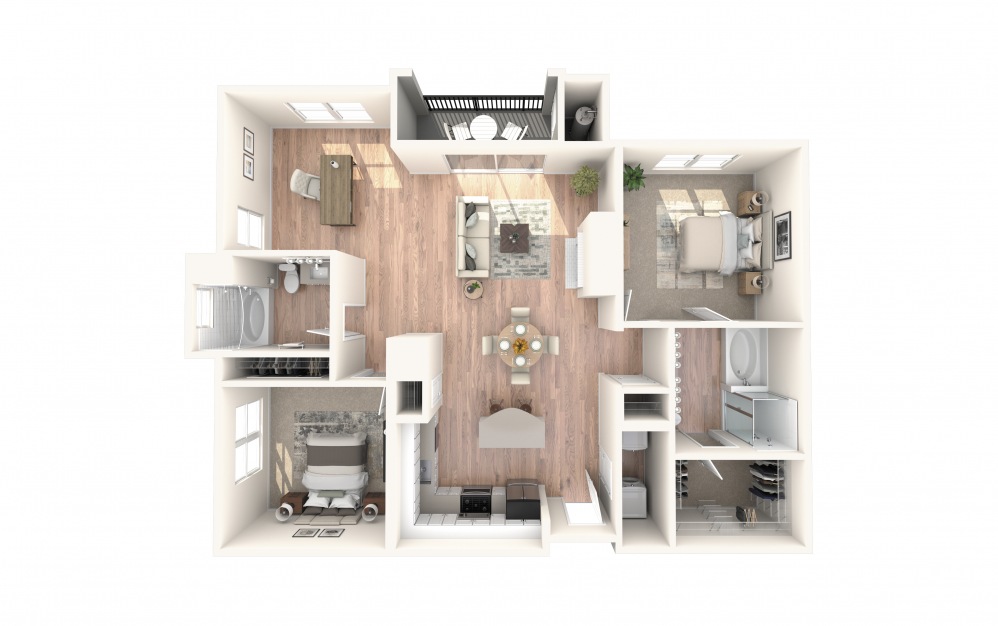 B1 1377 - 2 bedroom floorplan layout with 2 baths and 1377 square feet.