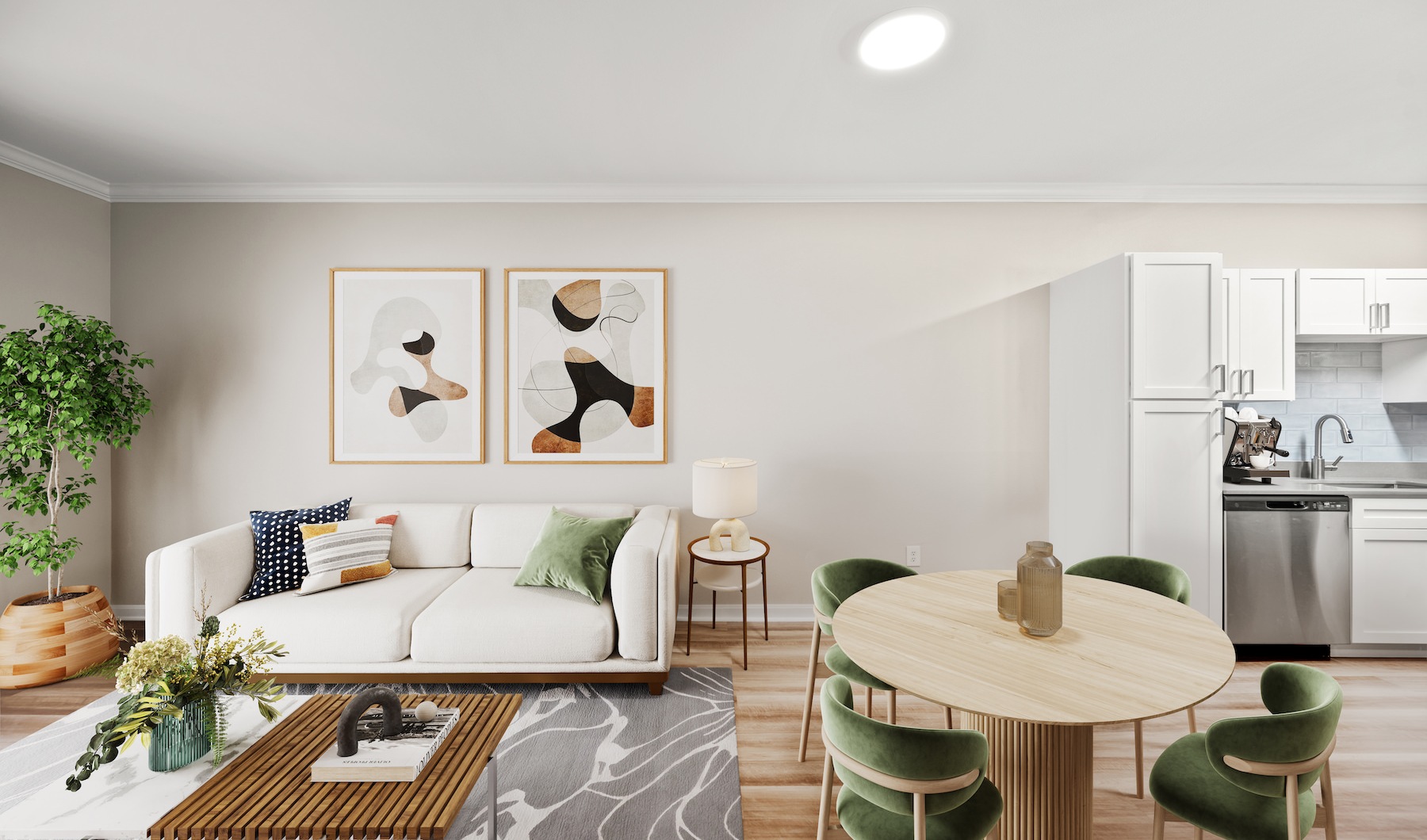 Kitchen Living room with eat in kitchen table, couch, rug, coffee table, and green plants